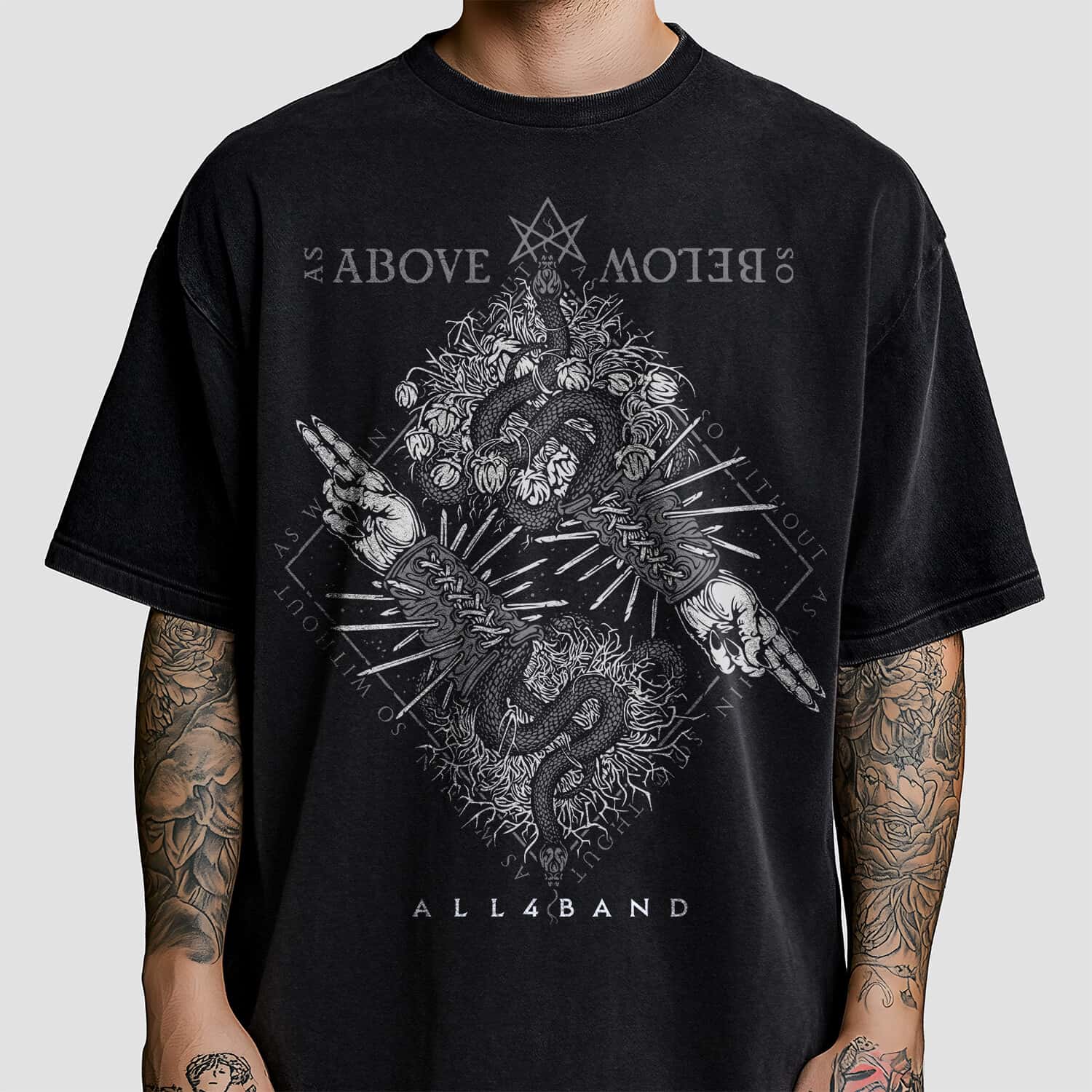 Satanic metal band shirt design titled As Above So Below