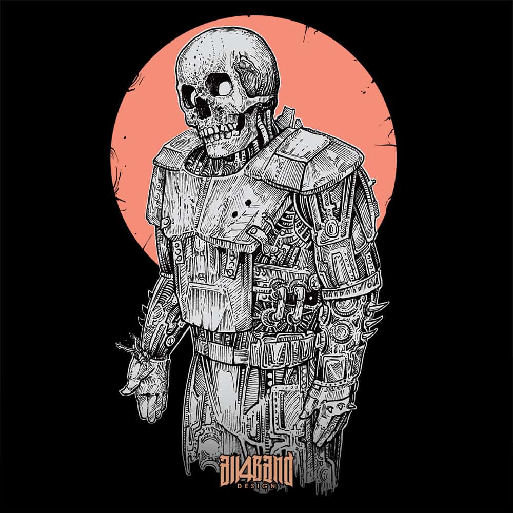 Metal band artwork featuring a robot with a human skull