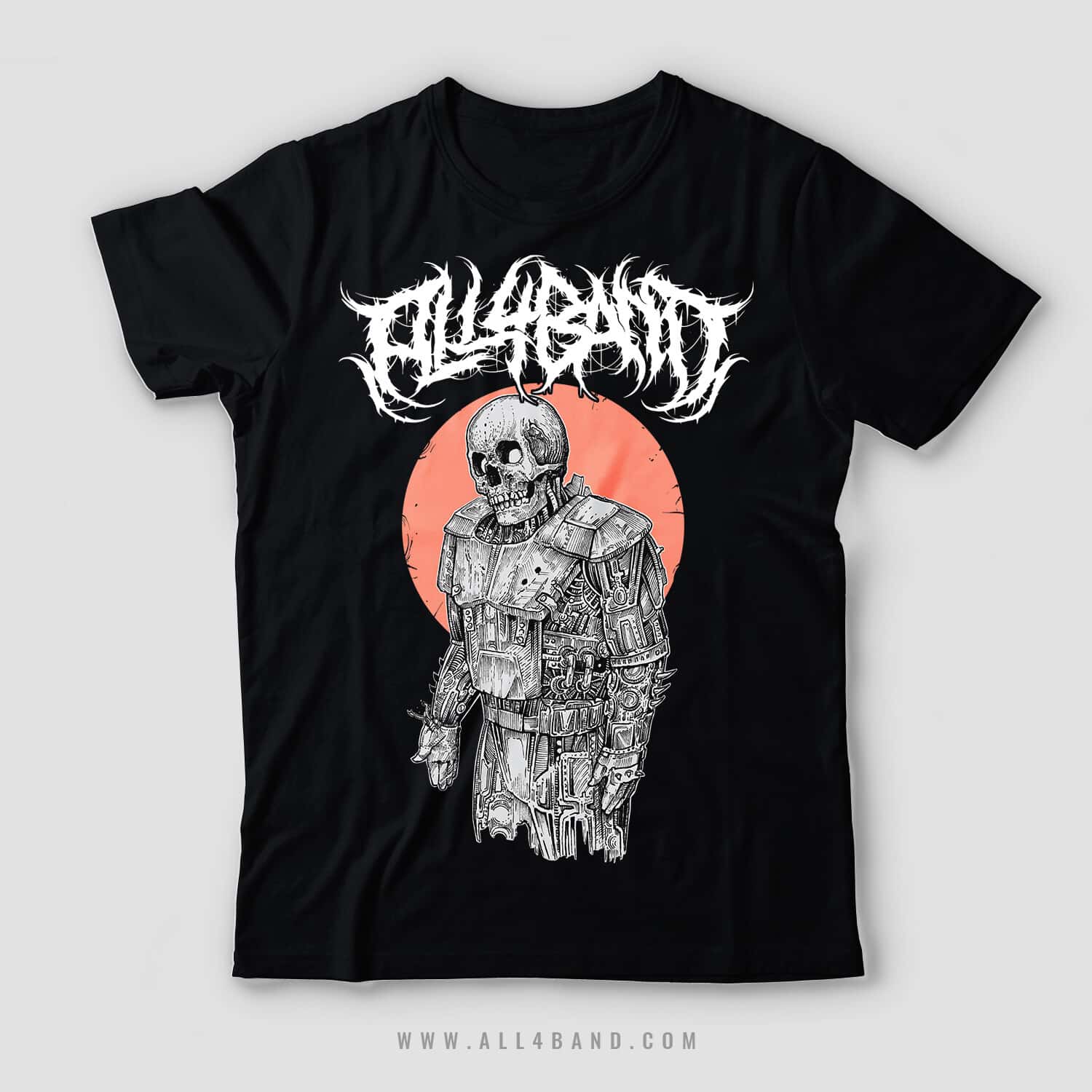 Metal band shirt design featuring a robot with a human skull