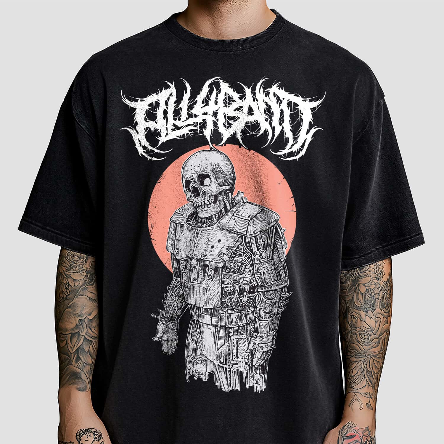 Metal band shirt design featuring a robot with a human skull