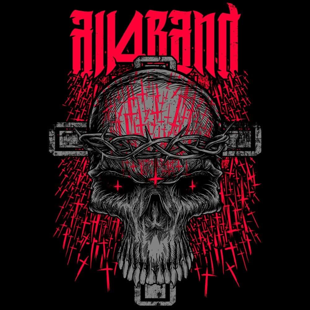 Black, grey and red band artwork featuring a skull wrapped in a crown of thorns over a cross, surrounded by inverted crosses.