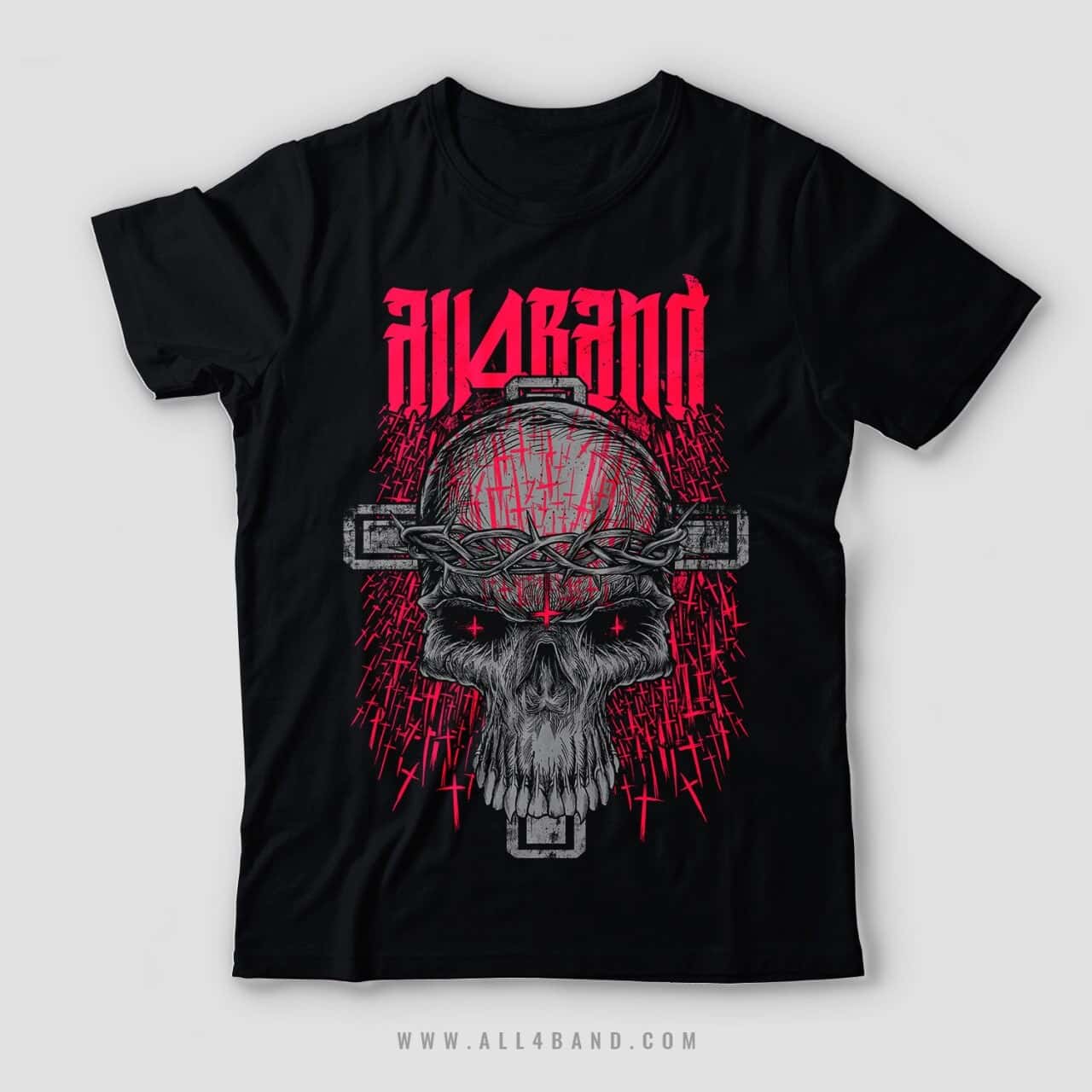 Black, grey and red band shirt design featuring a skull wrapped in a crown of thorns over a cross, surrounded by inverted crosses.