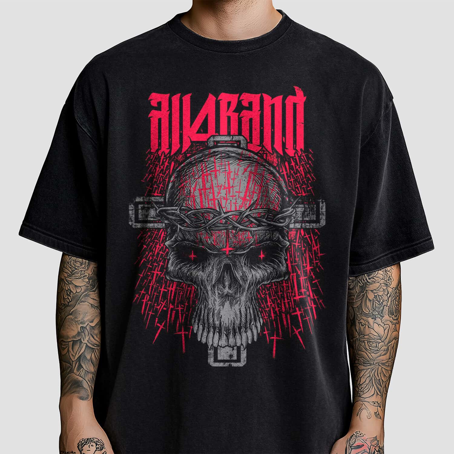 Black, grey and red band shirt design featuring a skull wrapped in a crown of thorns over a cross, surrounded by inverted crosses.