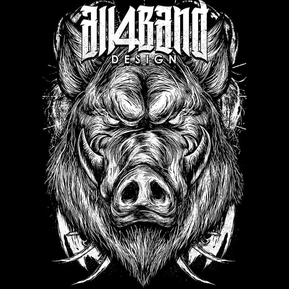 Black and white metal band artwork featuring a fierce wild boar head with tusks