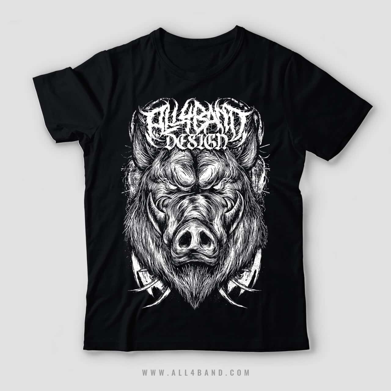 Black and white metal band shirt design featuring a fierce wild boar head with tusks