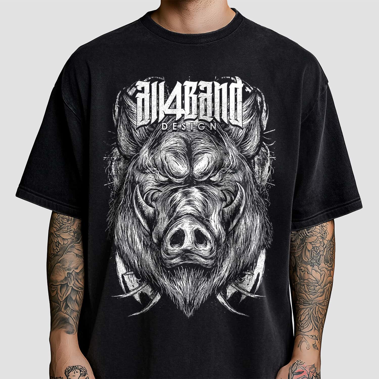 Black and white metal band shirt design featuring a fierce wild boar head with tusks