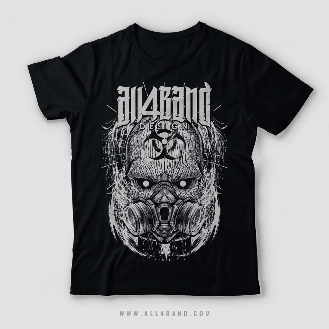 Post-apocalyptic band shirt design featuring hooded figure in a gas mask with a biohazard symbol on the forehead