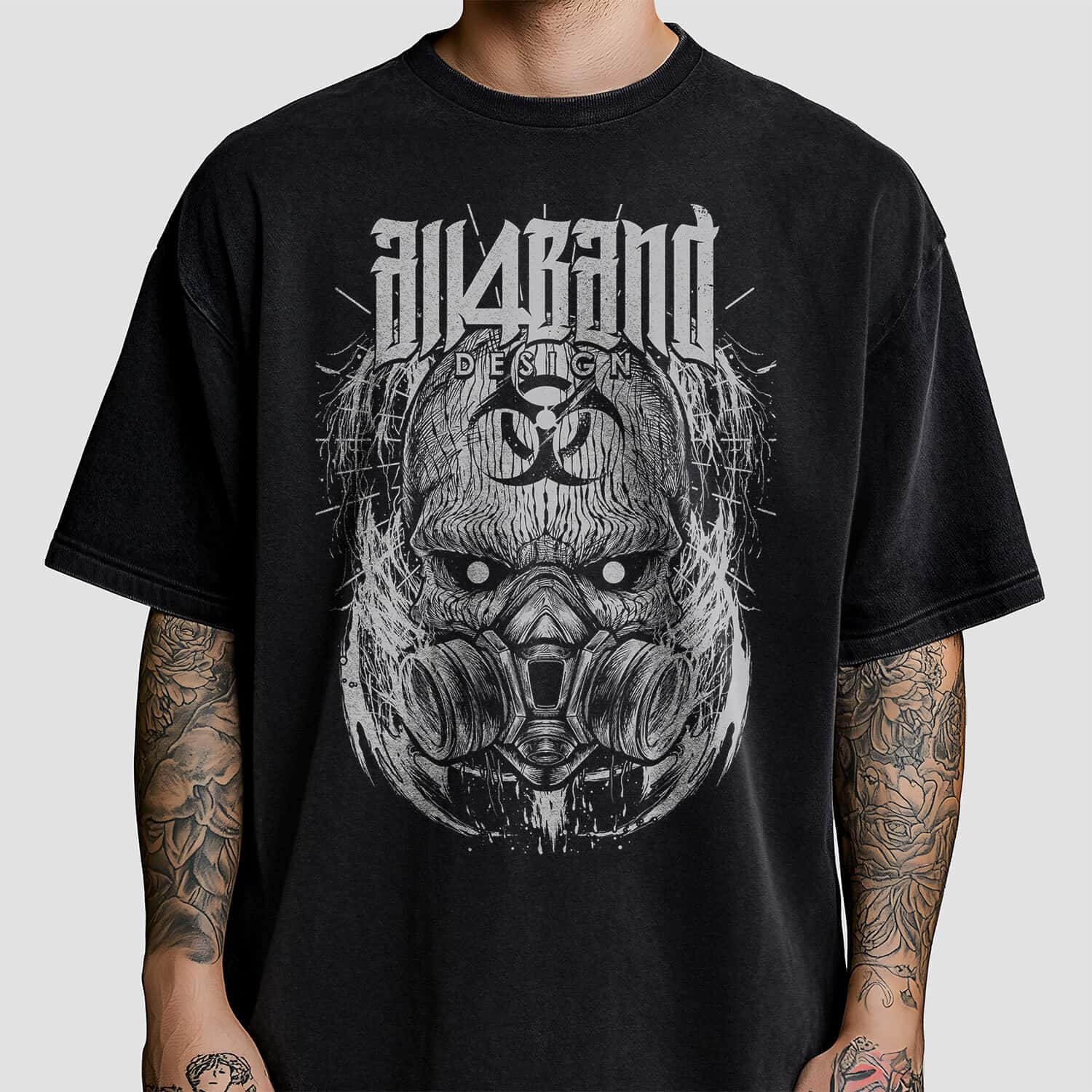 Post-apocalyptic band shirt design featuring hooded figure in a gas mask with a biohazard symbol on the forehead