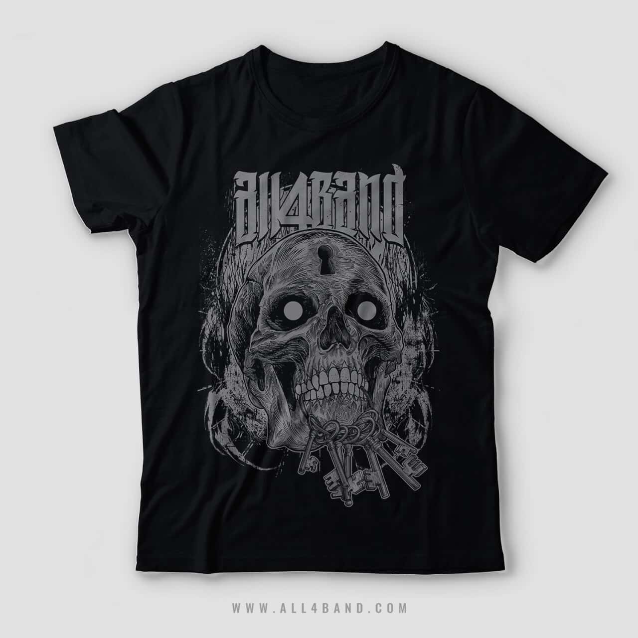 Band shirt design featuring a detailed skull with hollow eyes, a keyhole in its forehead and a bundle of antique keys in its mouth.