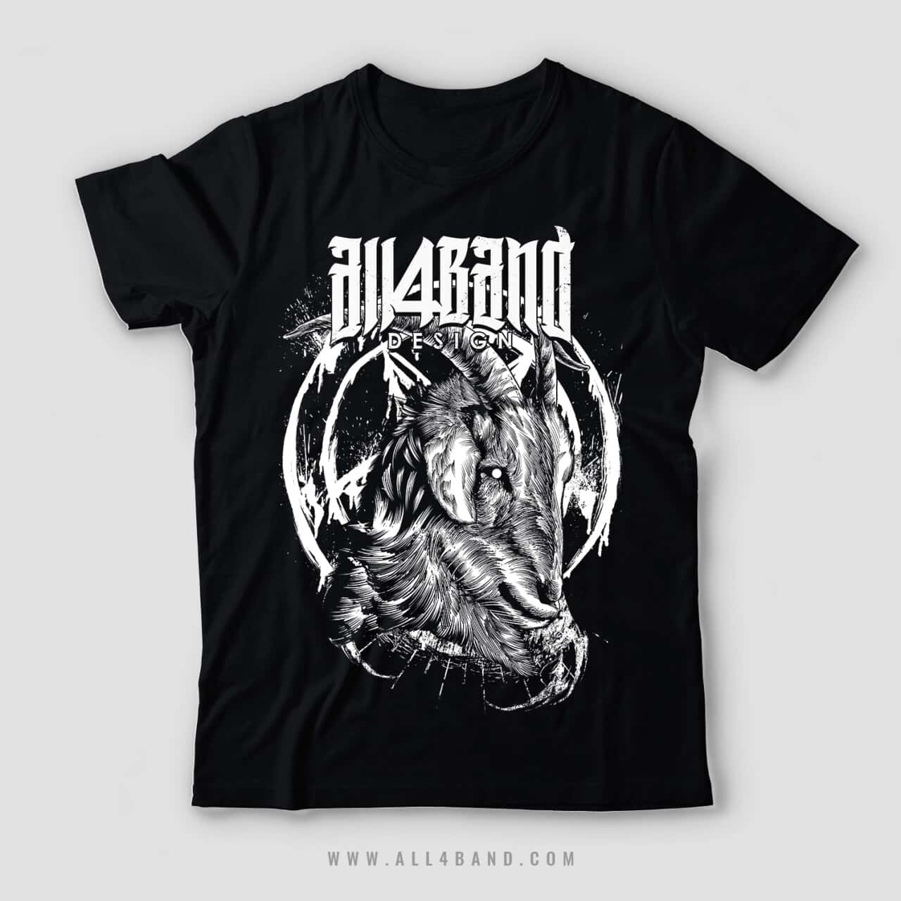 Black-and-white band shirt design featuring a goat in profile with a distressed circular background.