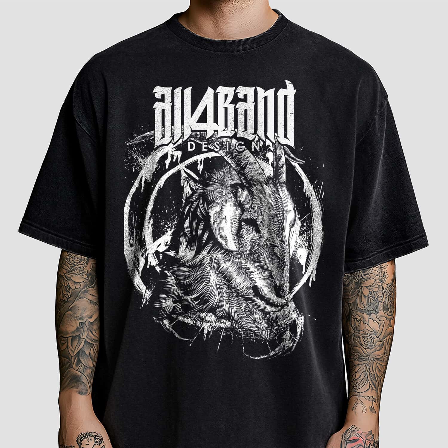 Black-and-white band shirt design featuring a goat in profile with a distressed circular background.