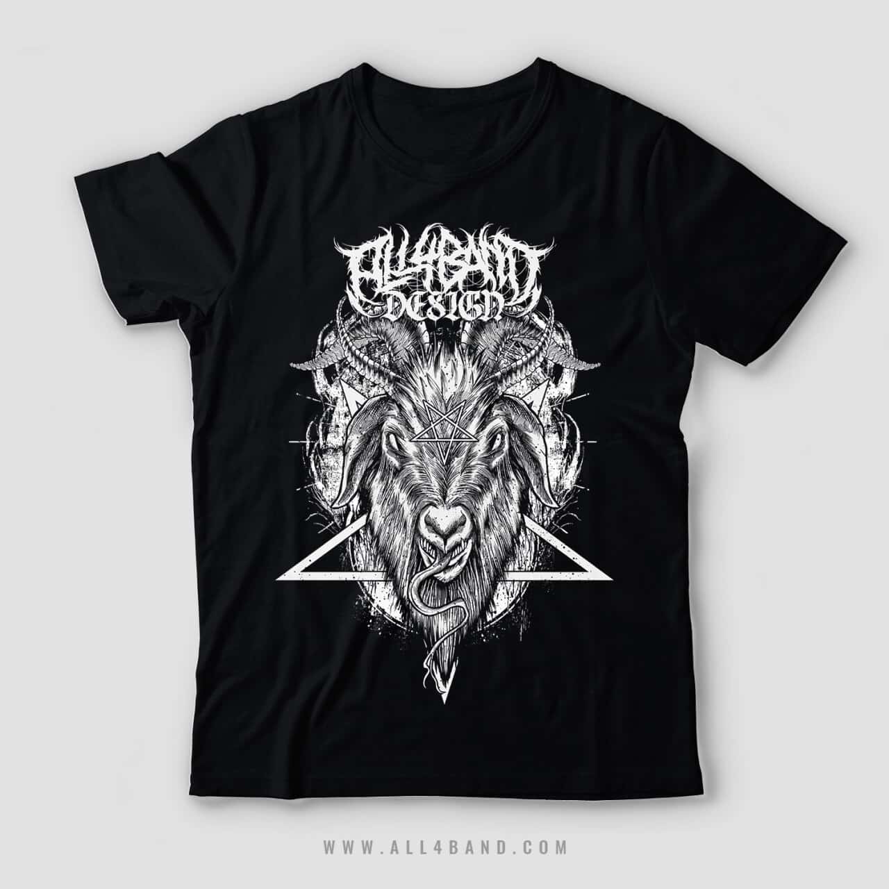 Black and white occult band shirt design featuring a horned goat with a pentagram in the background.