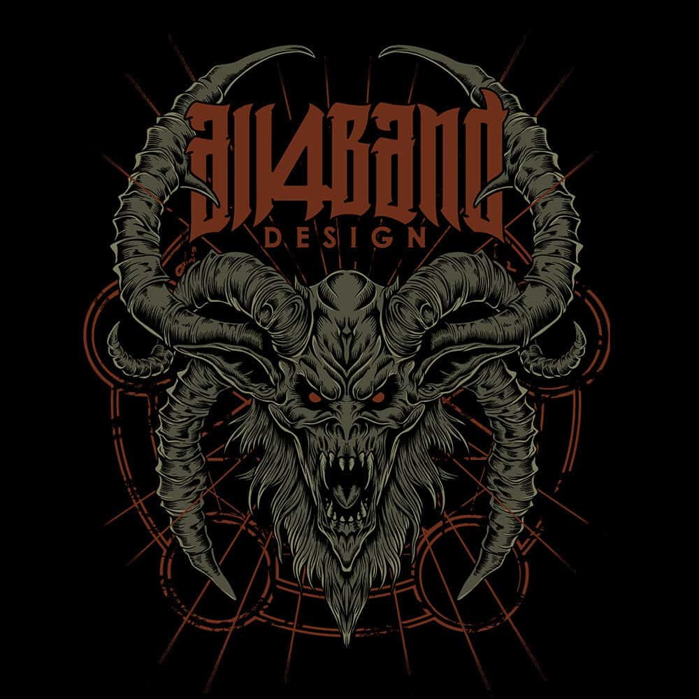 Death metal artwork featuring a demonic skull with curling horns and occult geometric symbols in the background