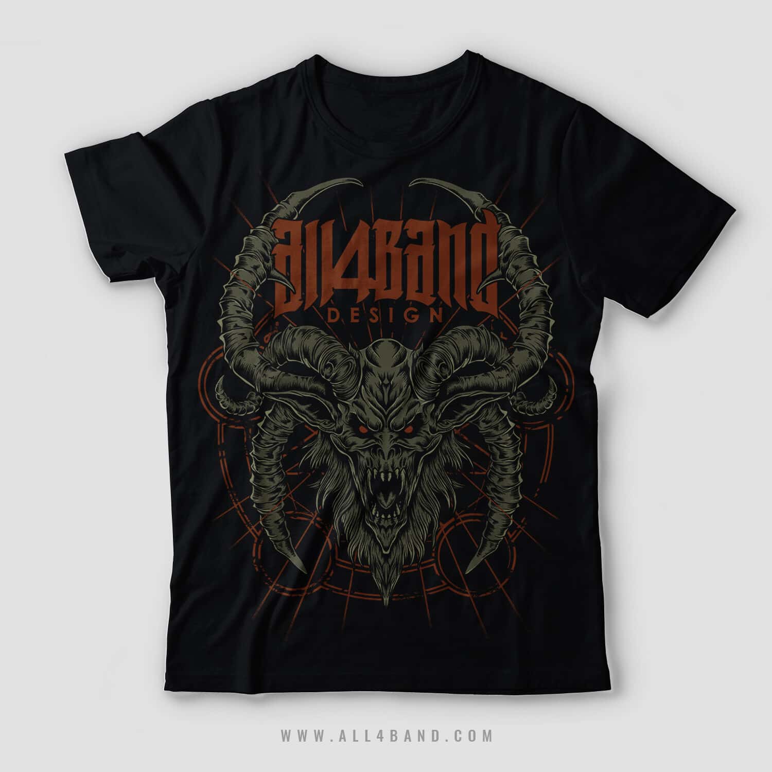 Death metal shirt design featuring a demonic skull with curling horns and occult geometric symbols in the background