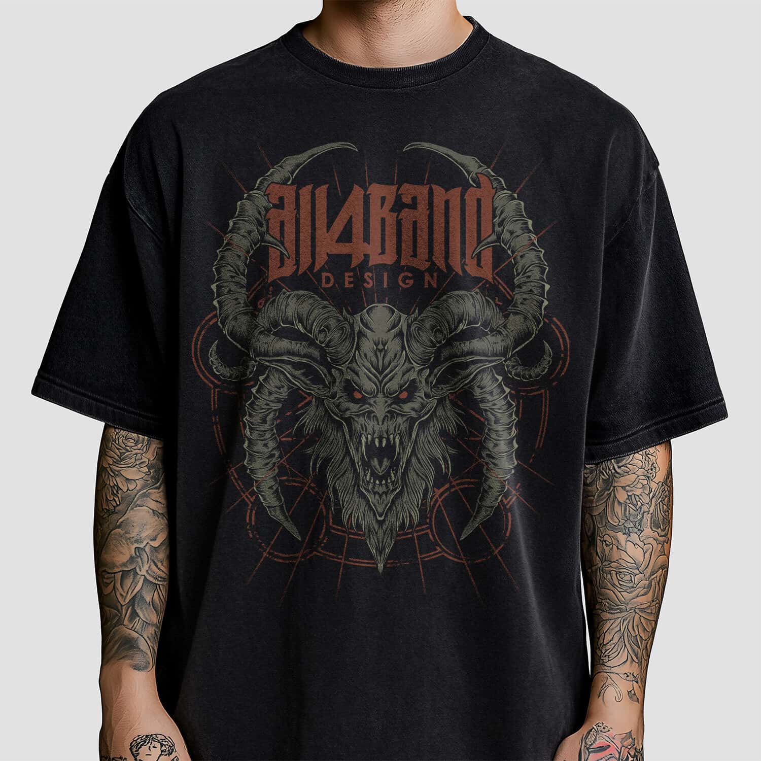 Death metal shirt design featuring a demonic skull with curling horns and occult geometric symbols in the background