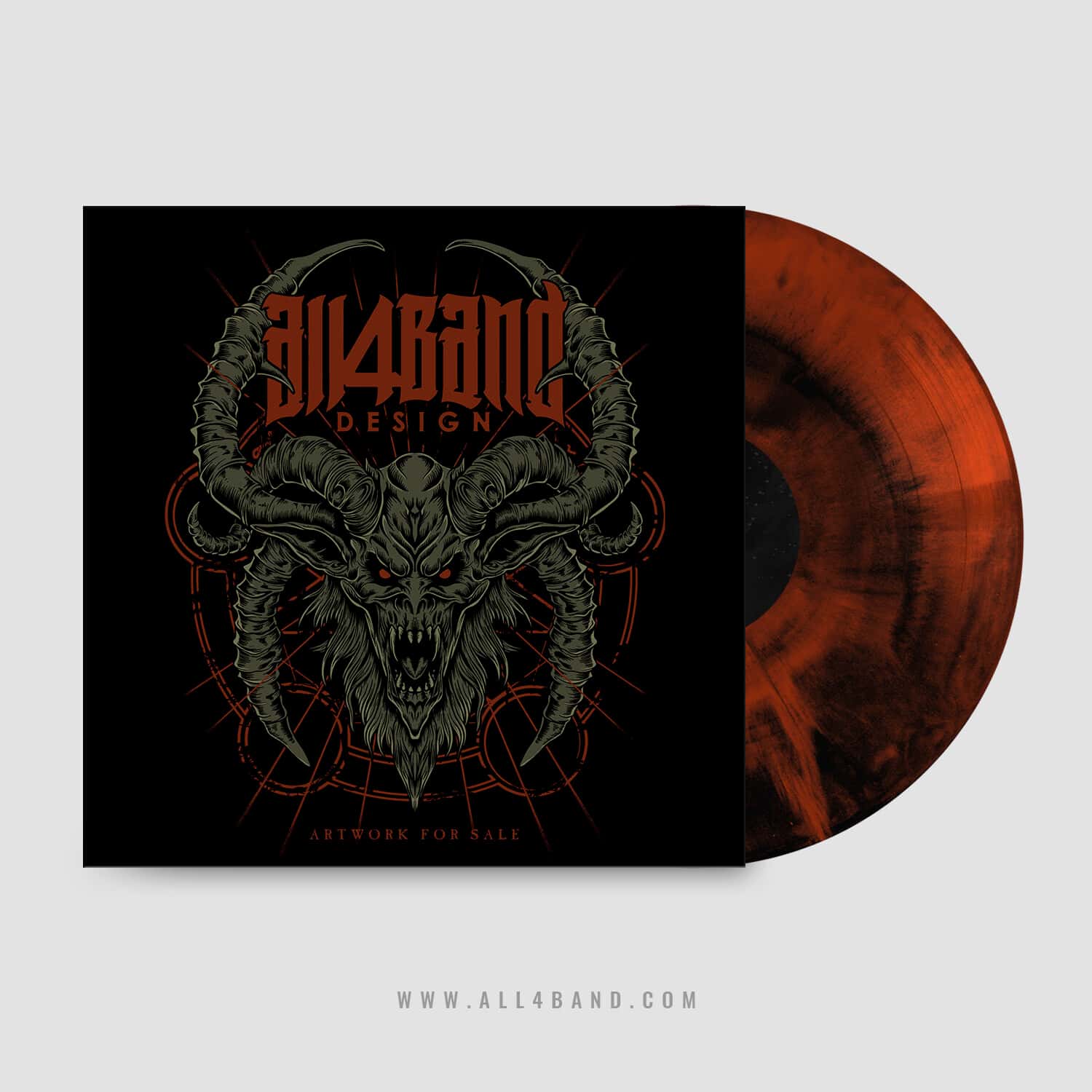 Death metal album art featuring a demonic skull with curling horns and occult geometric symbols in the background