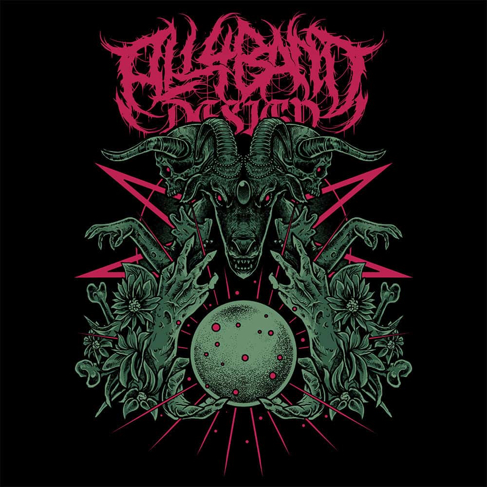 Death metal band artwork featuring a horned demonic goat skull with a glowing orb surrounded by skeletal hands, flowers, and bones.