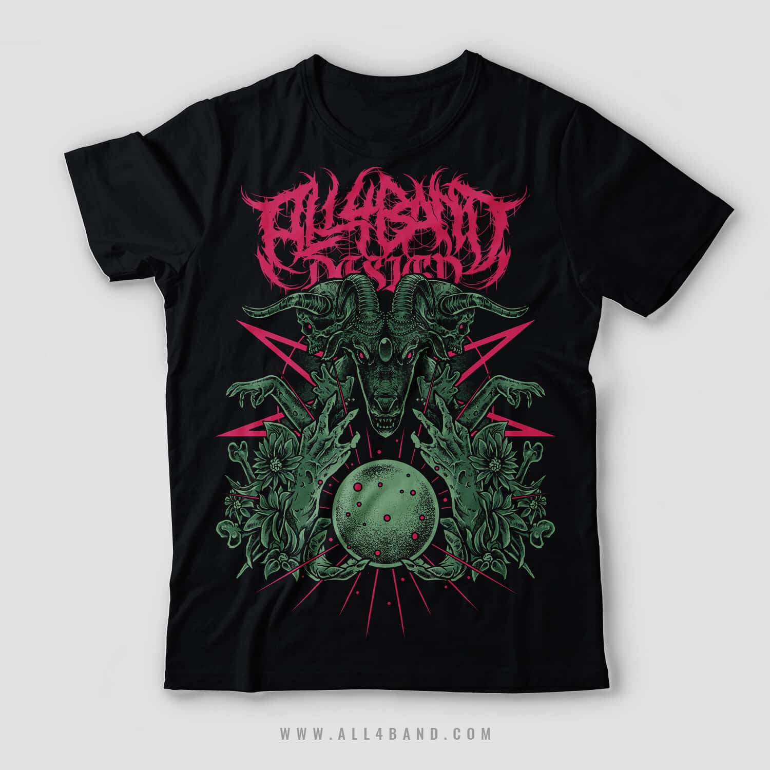 Death metal band shirt design featuring a horned demonic goat skull with a glowing orb surrounded by skeletal hands, flowers, and bones.