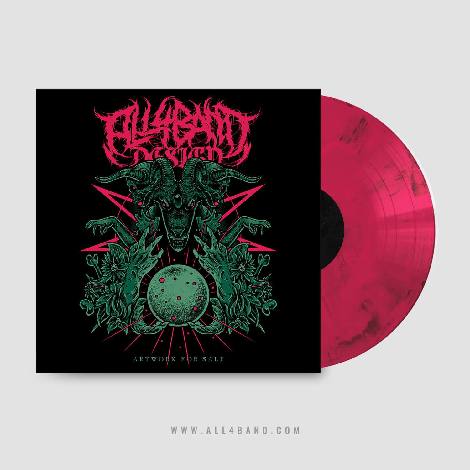 Death metal album artwork featuring a horned demonic goat skull with a glowing orb surrounded by skeletal hands, flowers, and bones.