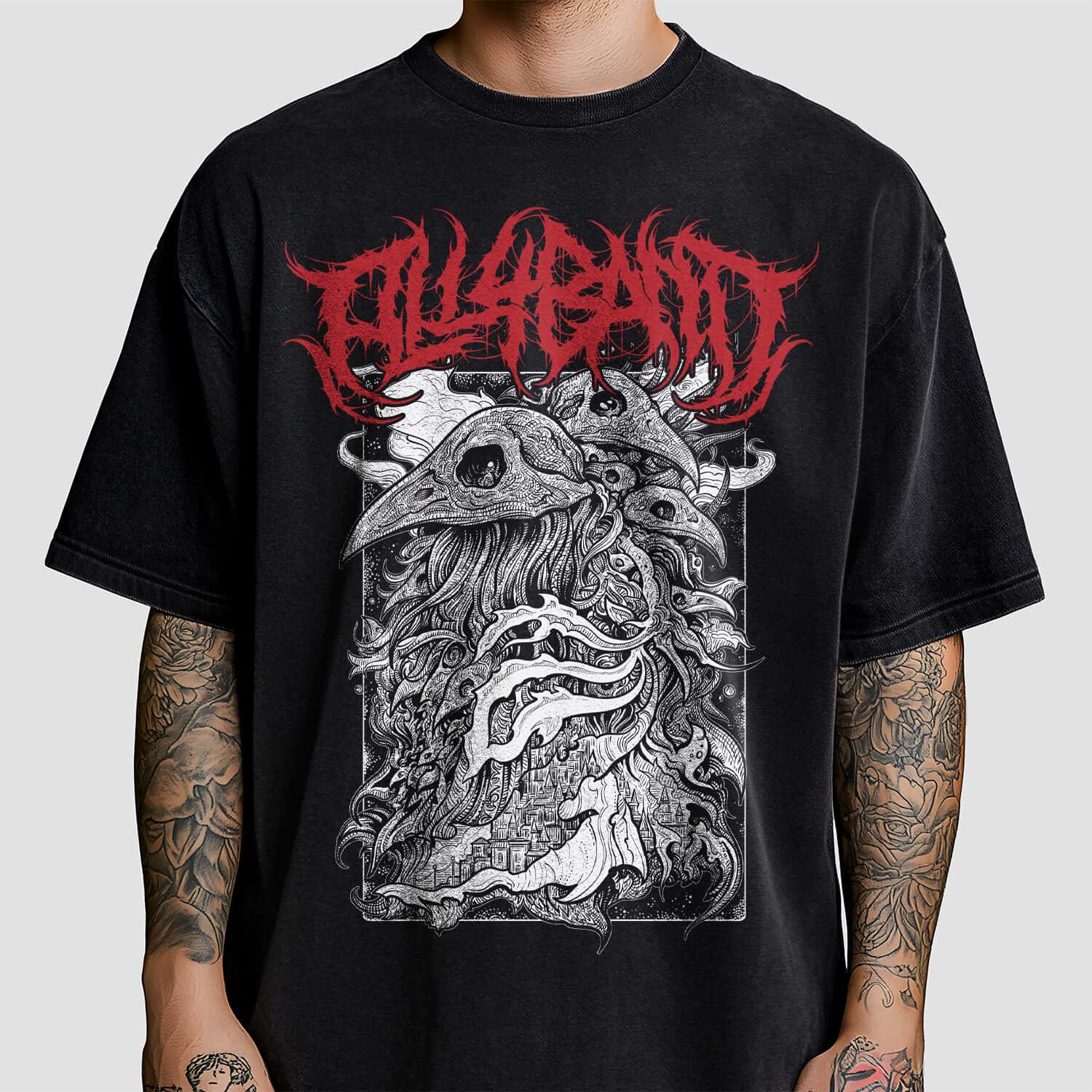 Metal band shirt design titled Covered By Night