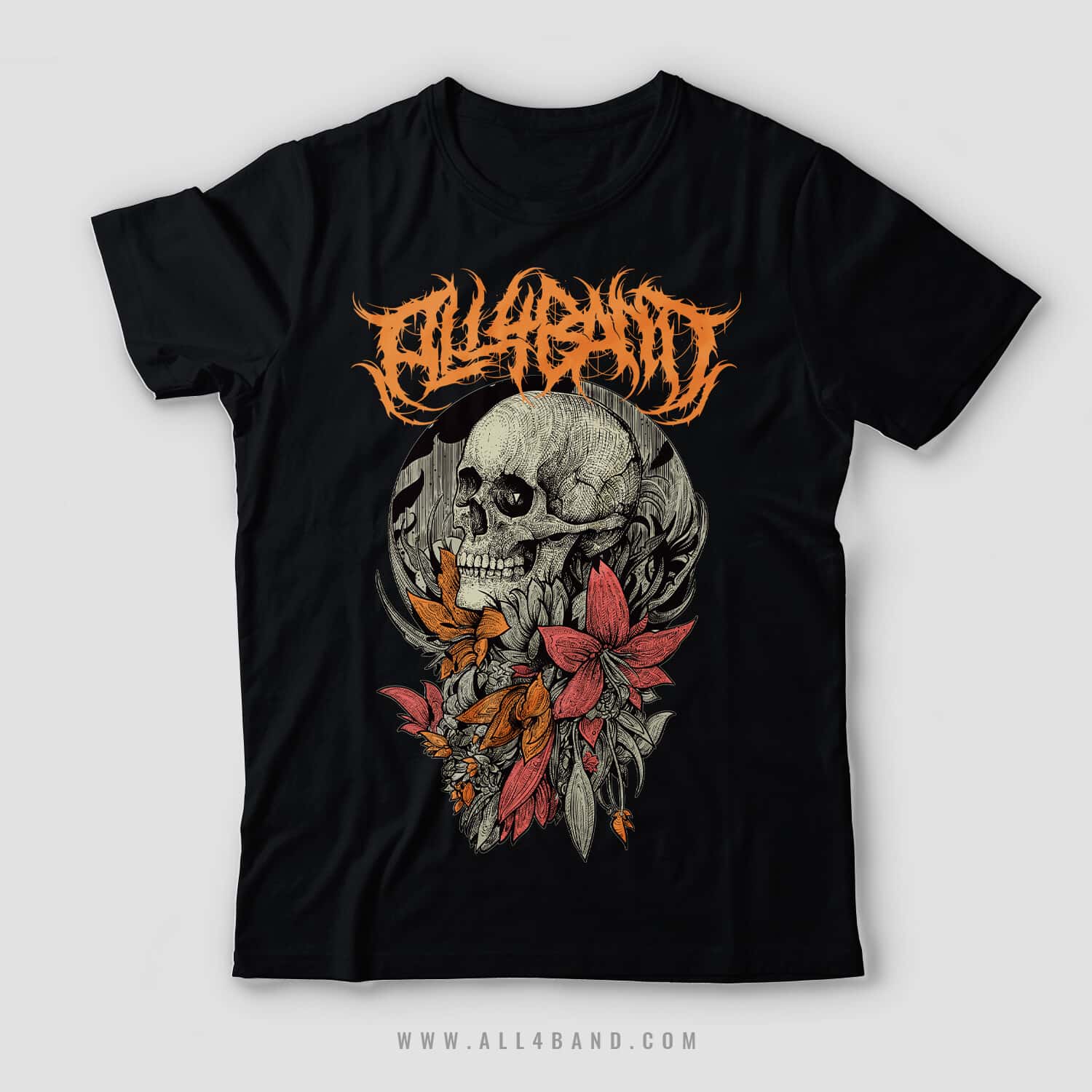 Metal band shirt design titled Skull With Flowers