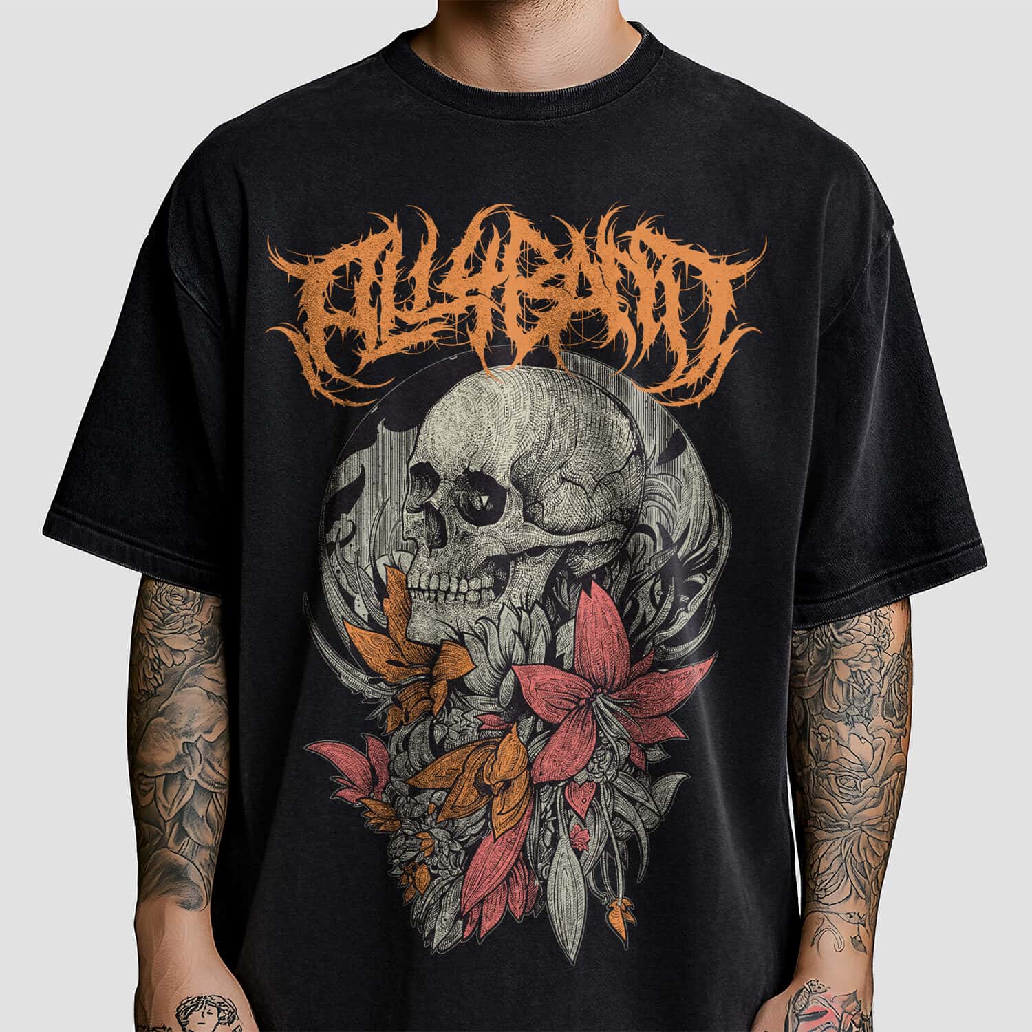 Metal band shirt design titled Skull With Flowers