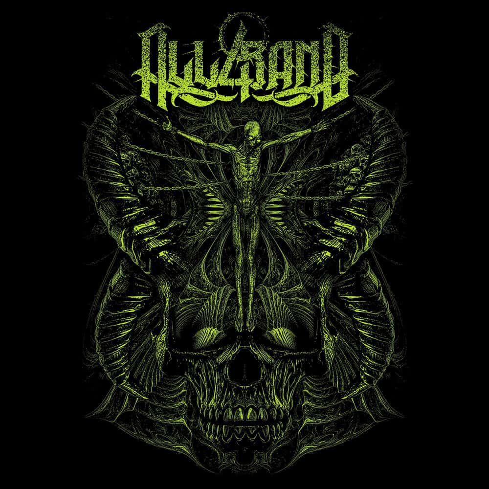 Death metal band artwork featuring a decayed body hanging on chains above a demon
