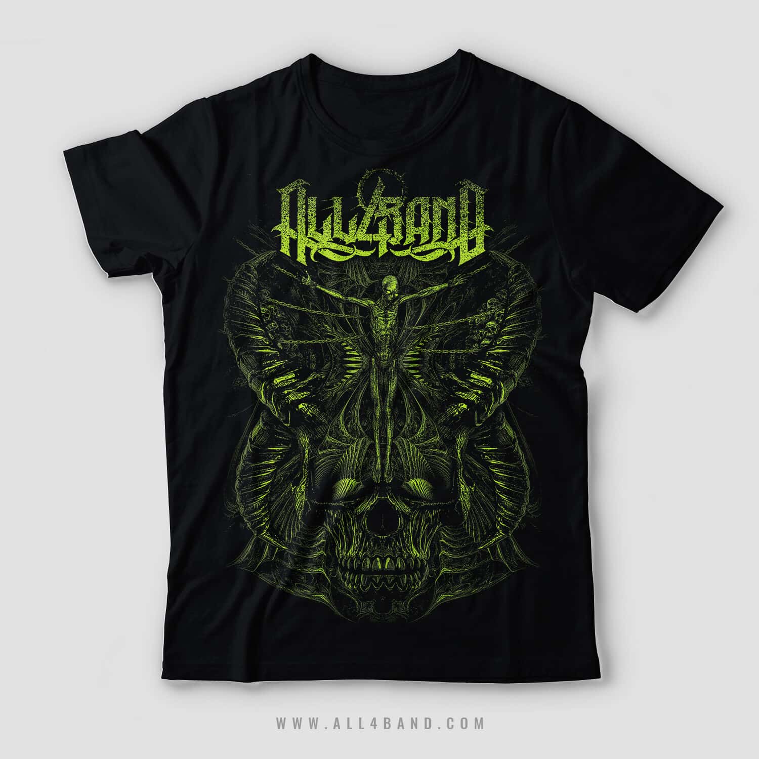Death metal shirt design featuring a decayed body hanging on chains above a demon
