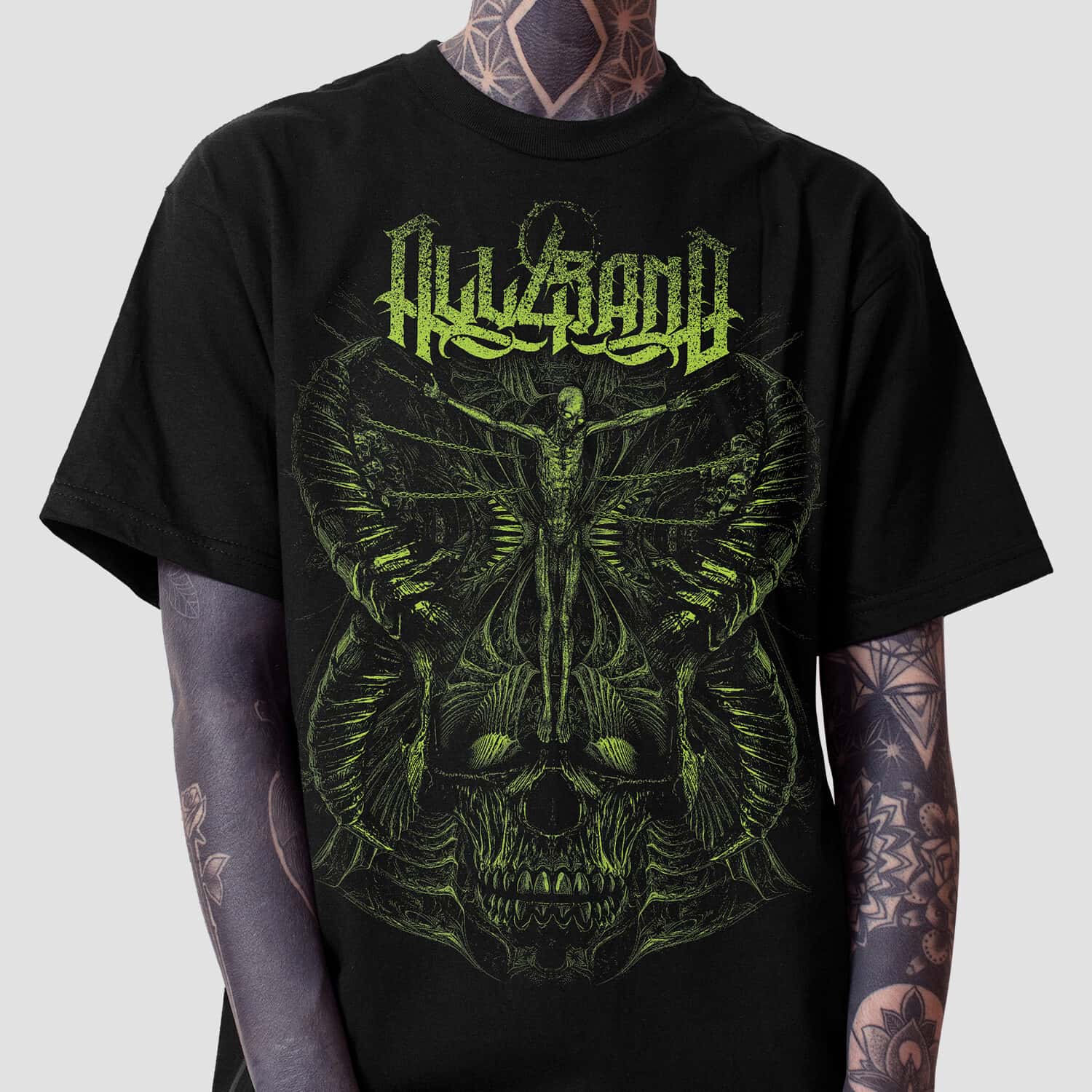 Death metal shirt design featuring a decayed body hanging on chains above a demon
