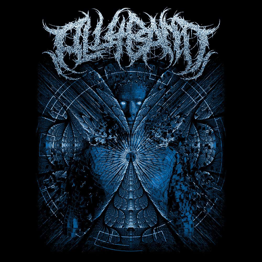 Metal band artwork featuring a surreal blue biomechanical figure with glowing eyes and symmetrical geometric patterns