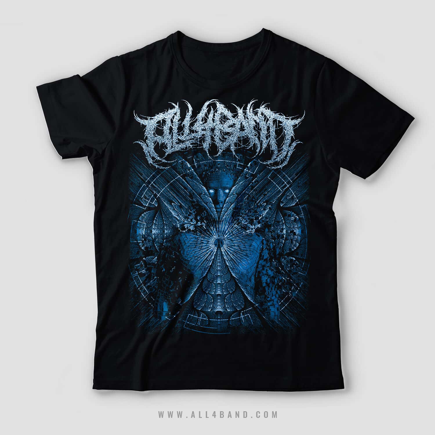 Metal band shirt design featuring a surreal blue biomechanical figure with glowing eyes and symmetrical geometric patterns