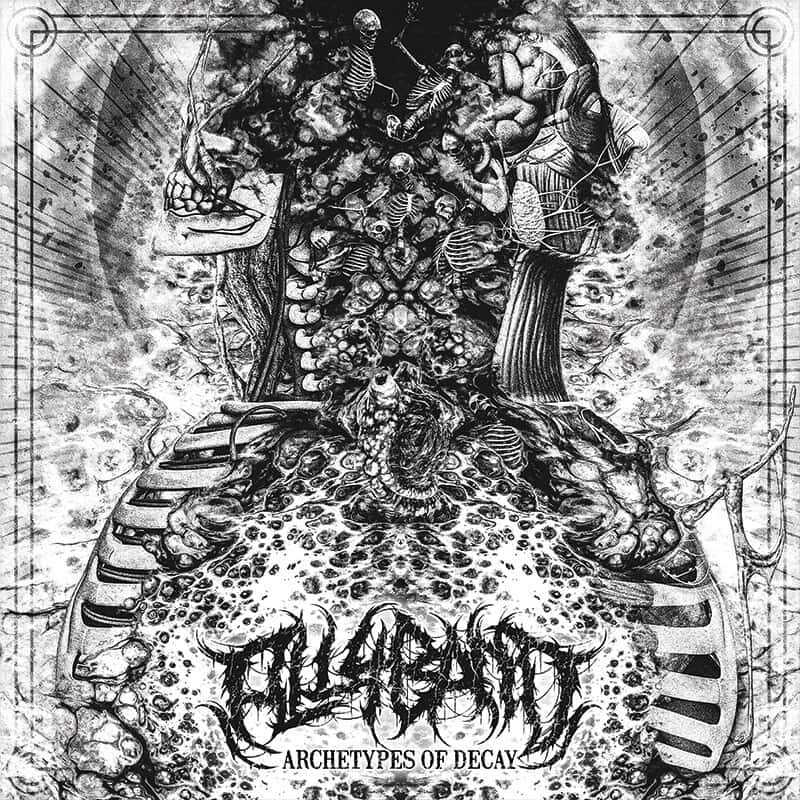 Metal band artwork featuring a surreal horror composition made of skeletons and body parts