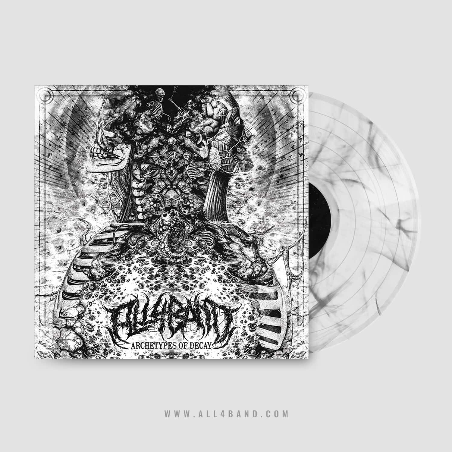 Metal band album art featuring a surreal horror composition made of skeletons and body parts