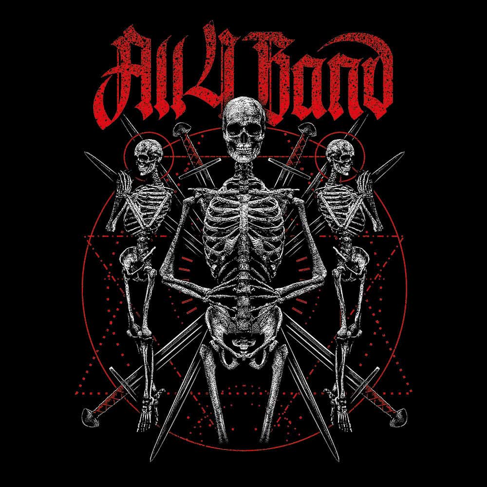 Metal band artwork featuring praying skeletons and an occult geometric pattern
