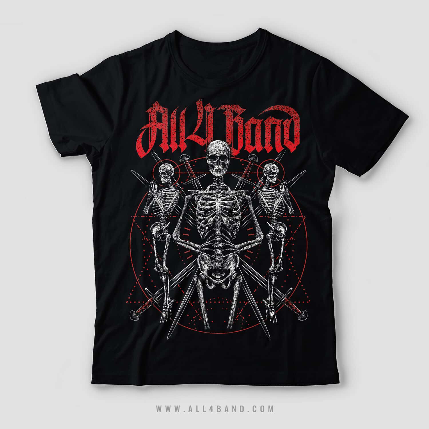 Metal band shirt design featuring praying skeletons and an occult geometric pattern