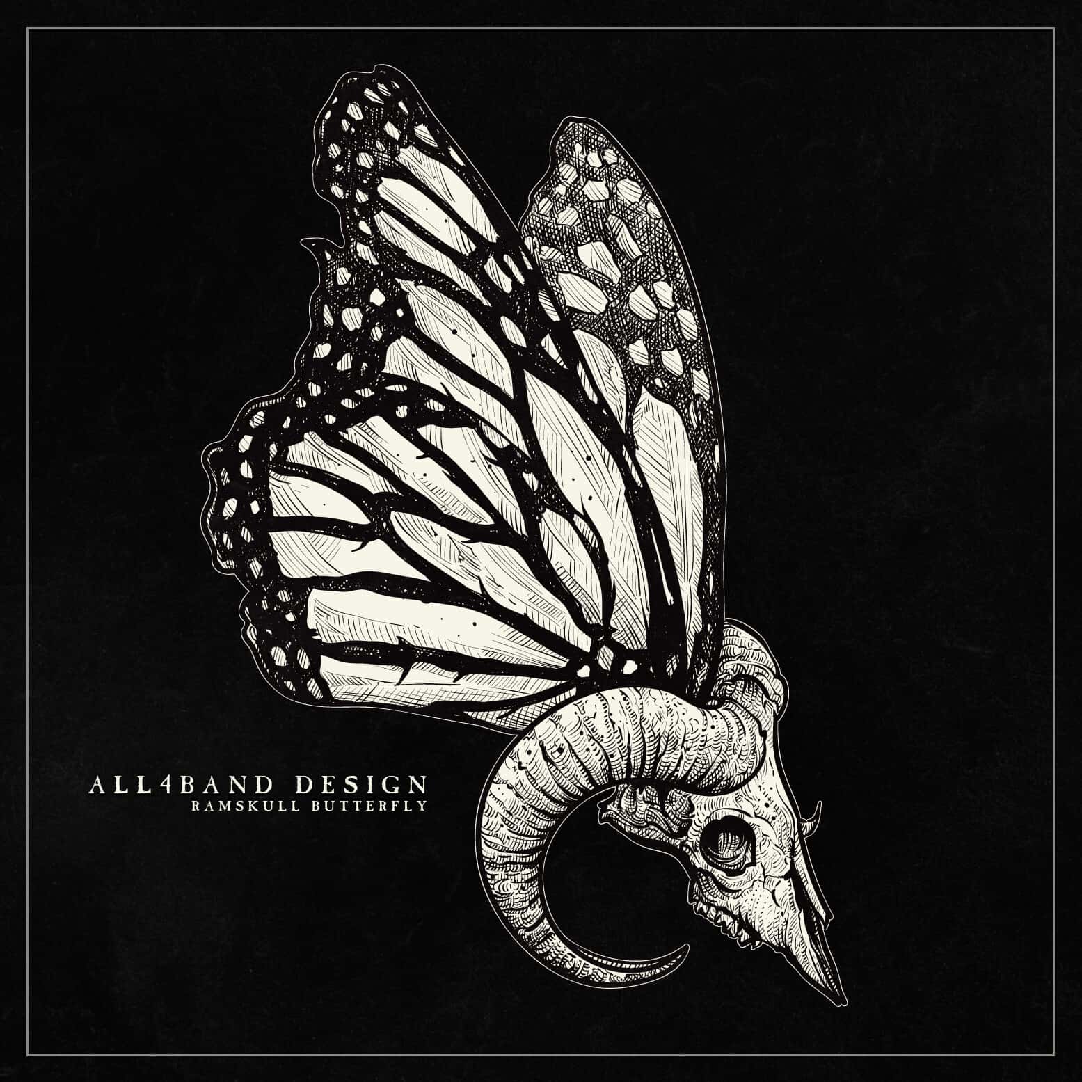 Metal band artwork featuring a ram skull with butterfly wings
