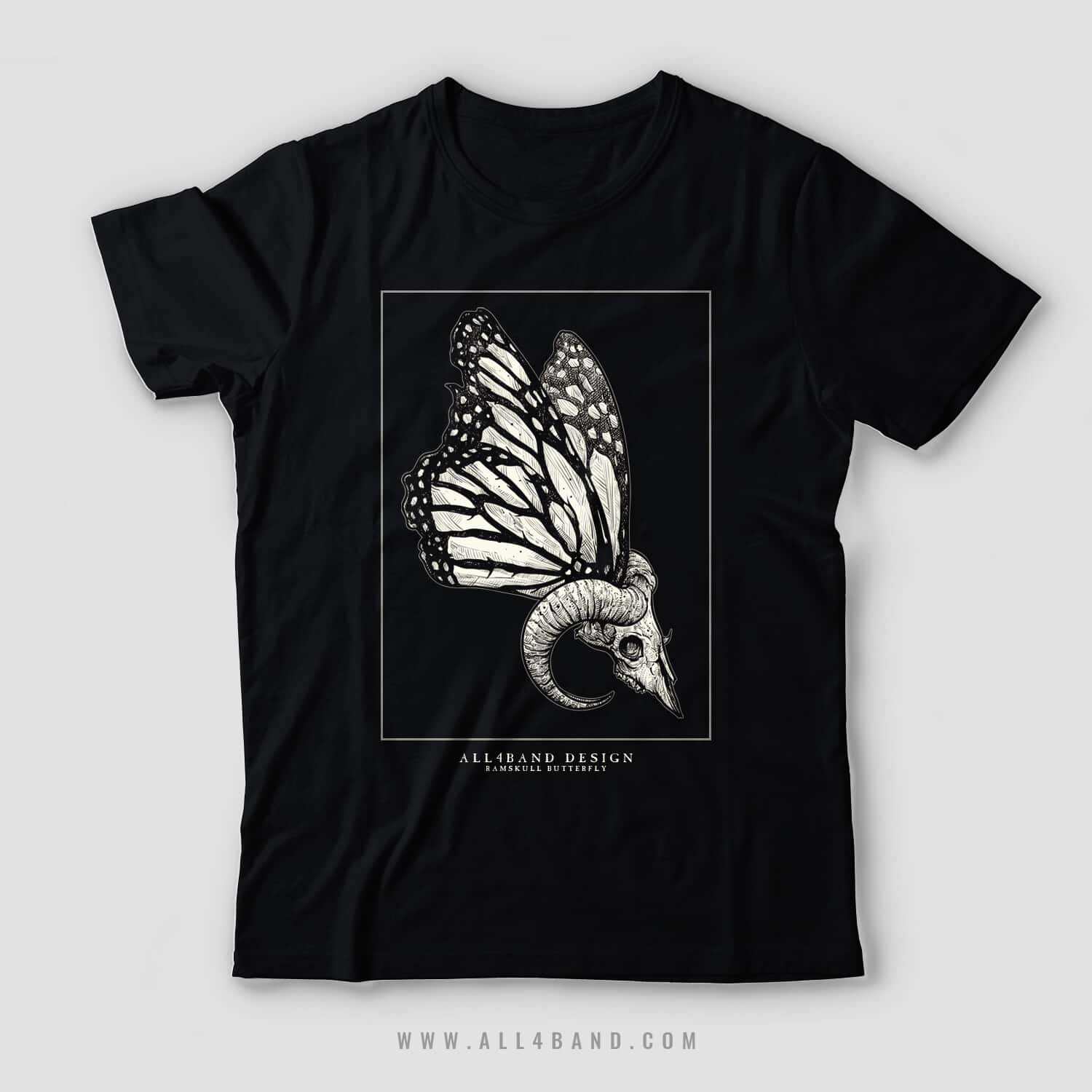 Metal band shirt design featuring a ram skull with butterfly wings