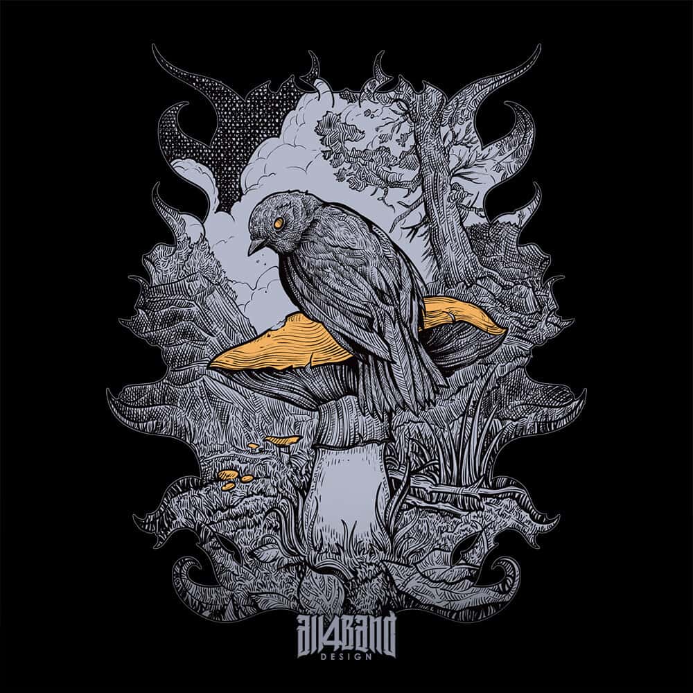 Metal band artwork featuring a bird sitting on a big yellow mushroom in a dark forest