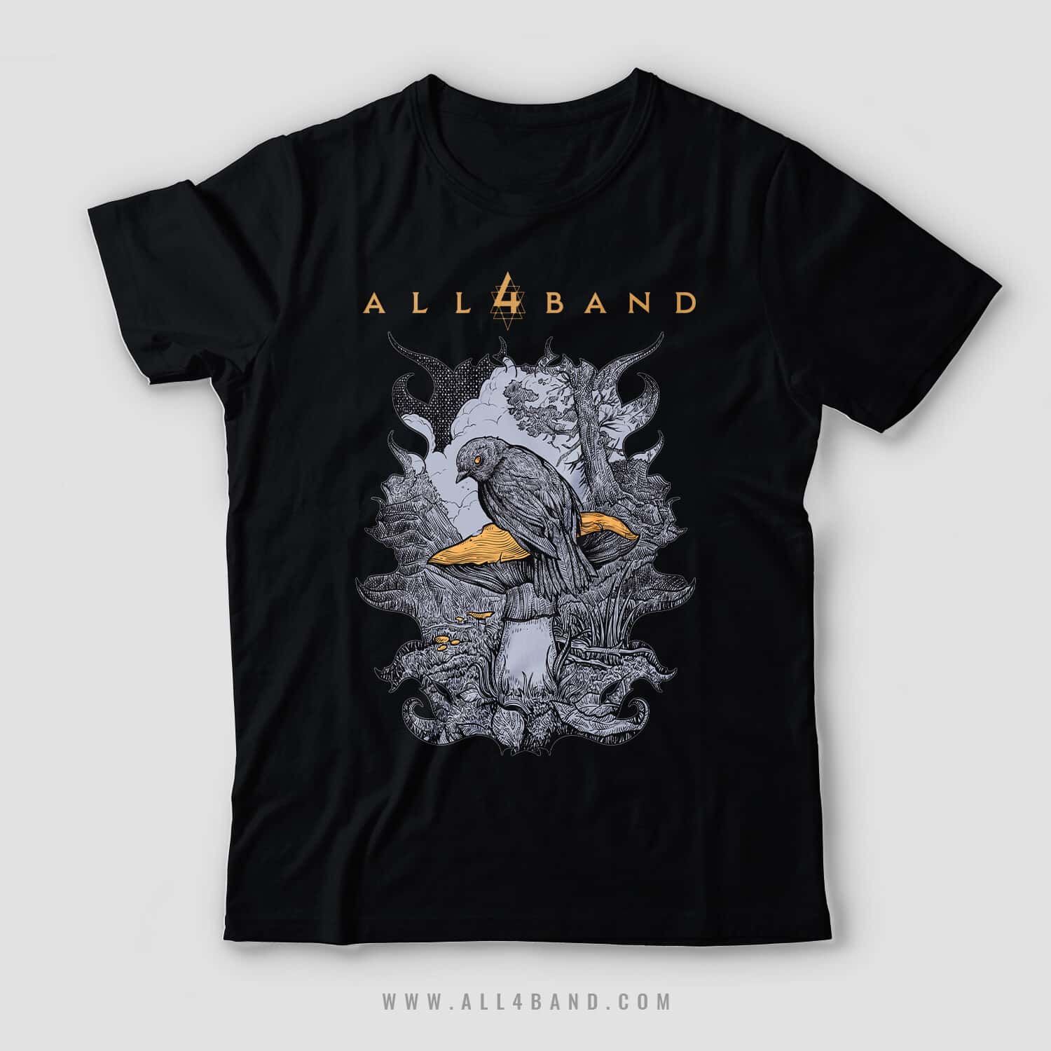 Band shirt design featuring a bird sitting on a big yellow mushroom in a dark forest