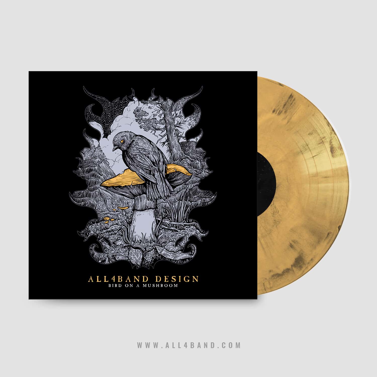 Band album artwork featuring a bird sitting on a big yellow mushroom in a dark forest