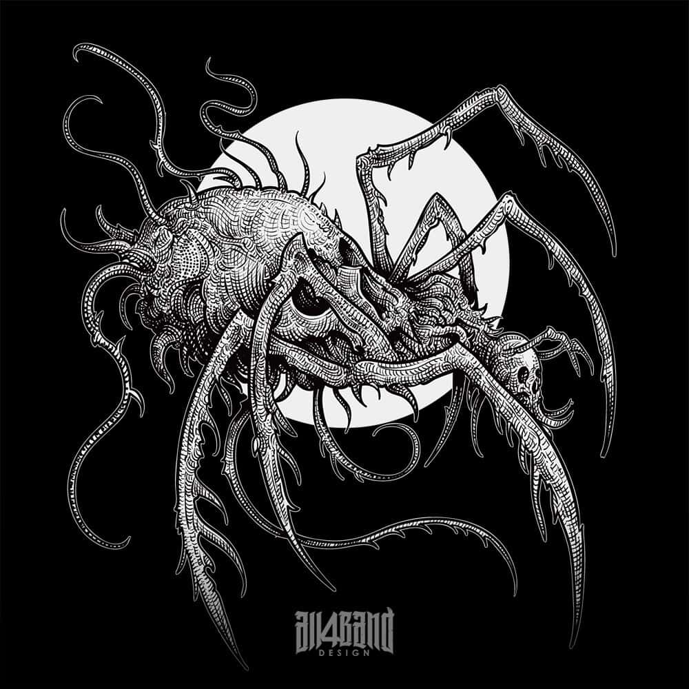 Metal band artwork featuring a creepy skull-shaped spider with a full moon behind it