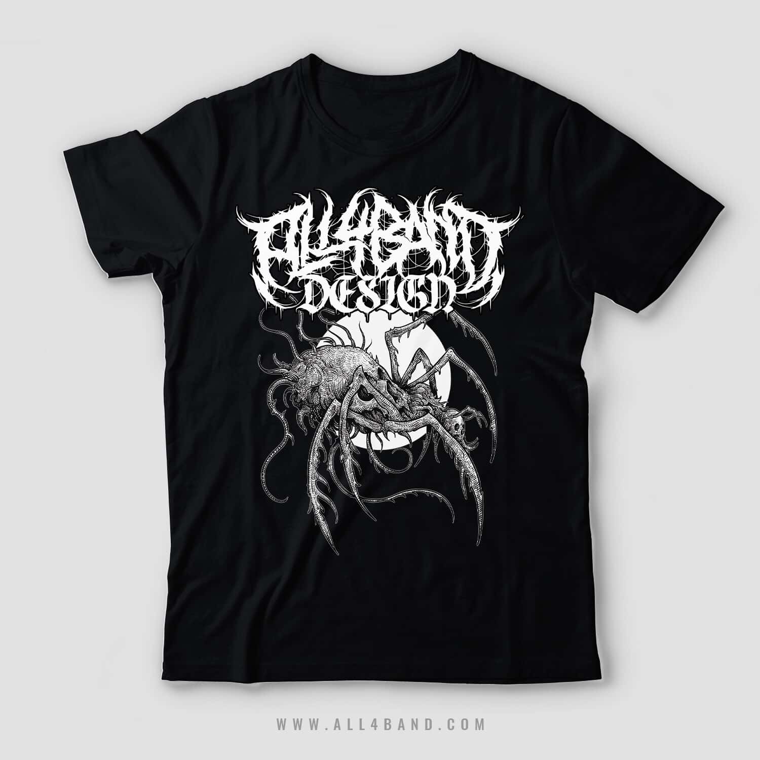 Metal band shirt design featuring a creepy skull-shaped spider with a full moon behind it