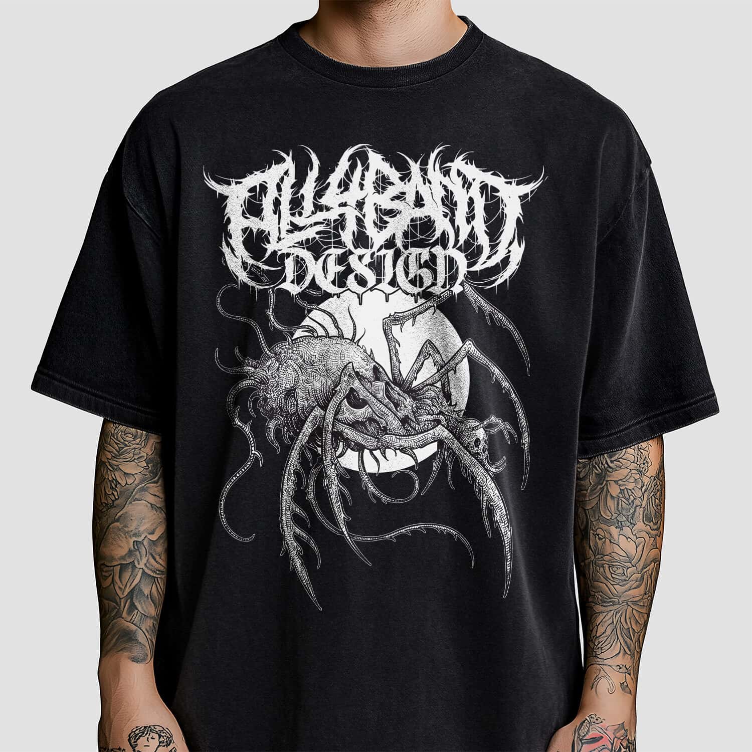 Death metal band shirt design featuring a creepy skull-shaped spider with a full moon behind it