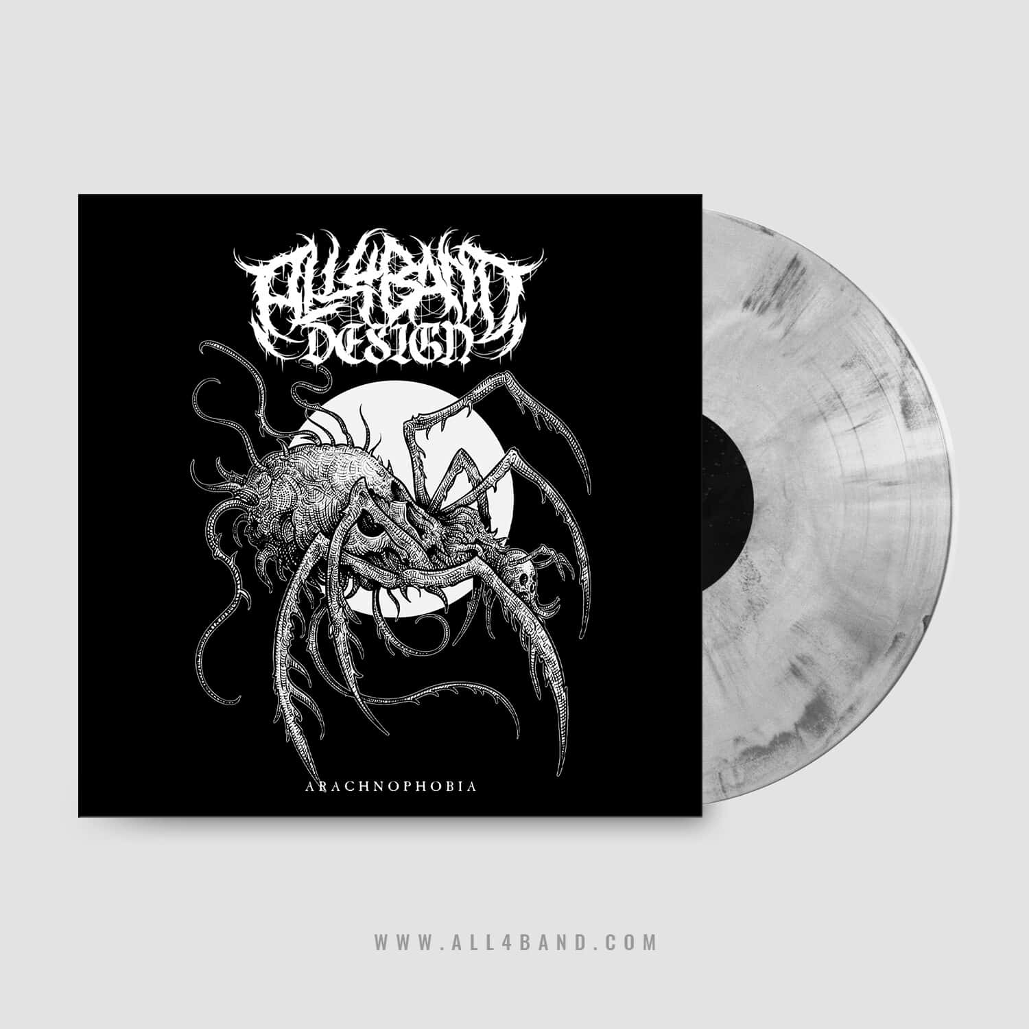 Death metal album art featuring a creepy skull-shaped spider with a full moon behind it