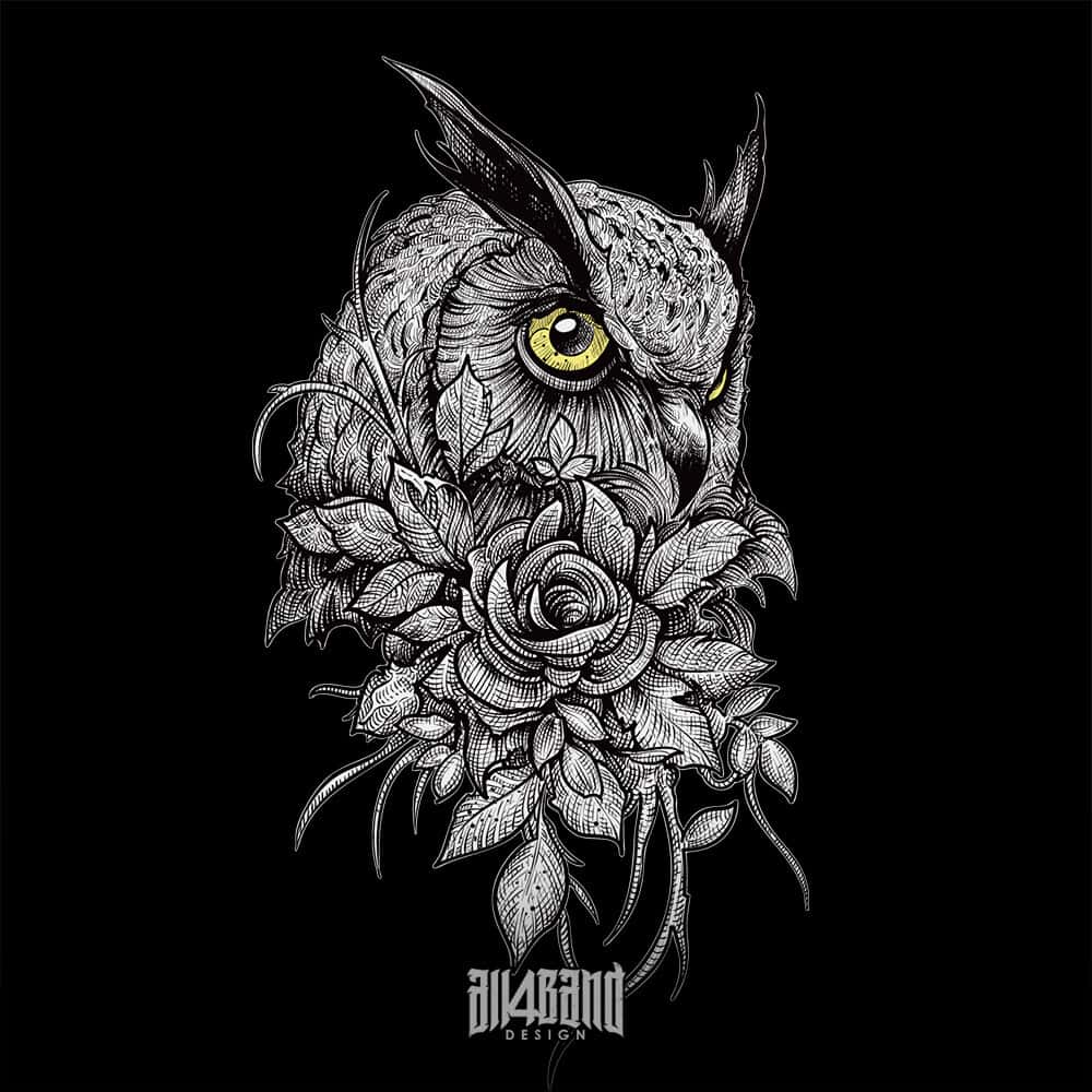 Band artwork featuring a beautiful owl and a rose surrounded by leaves