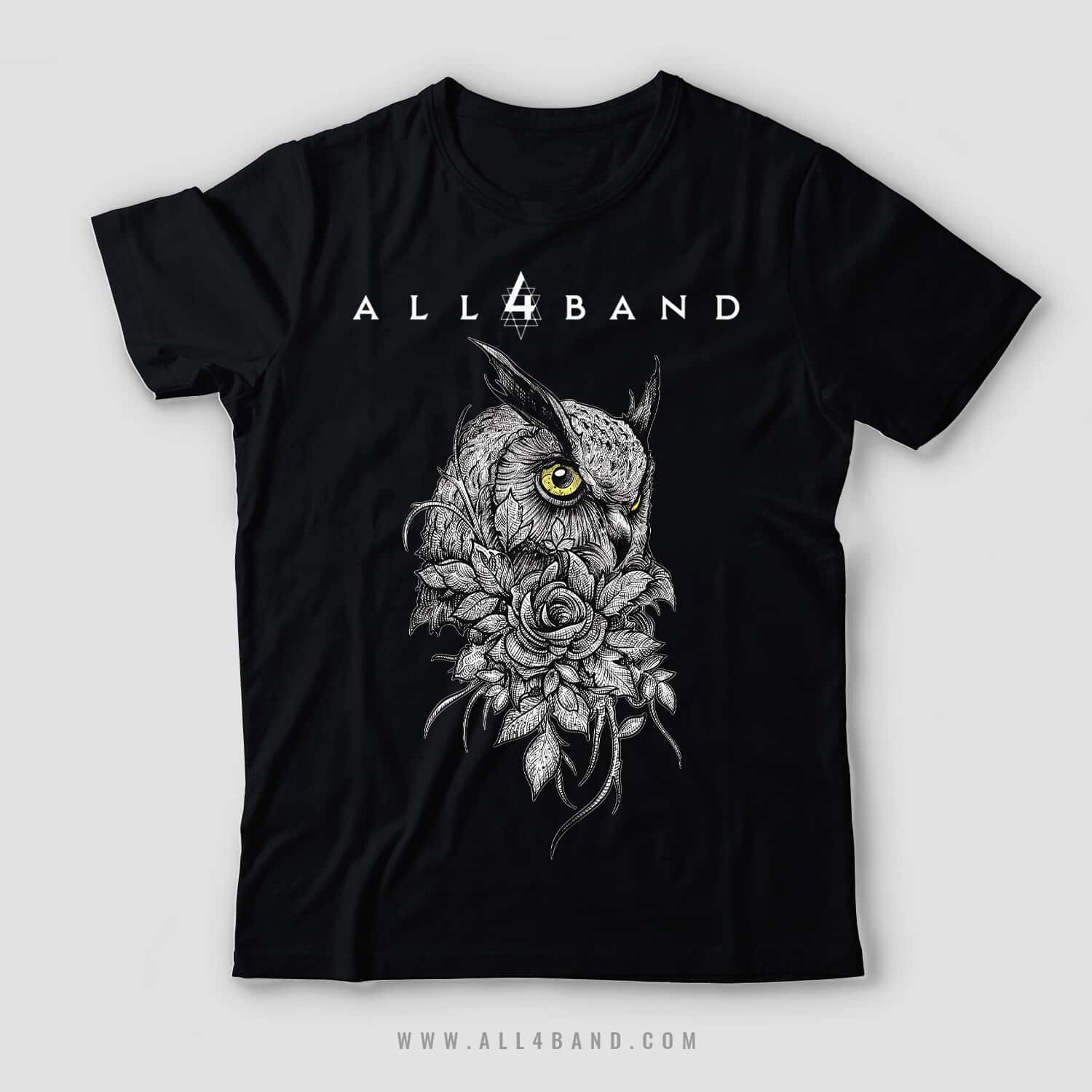 Band shirt design featuring a beautiful owl and a rose surrounded by leaves