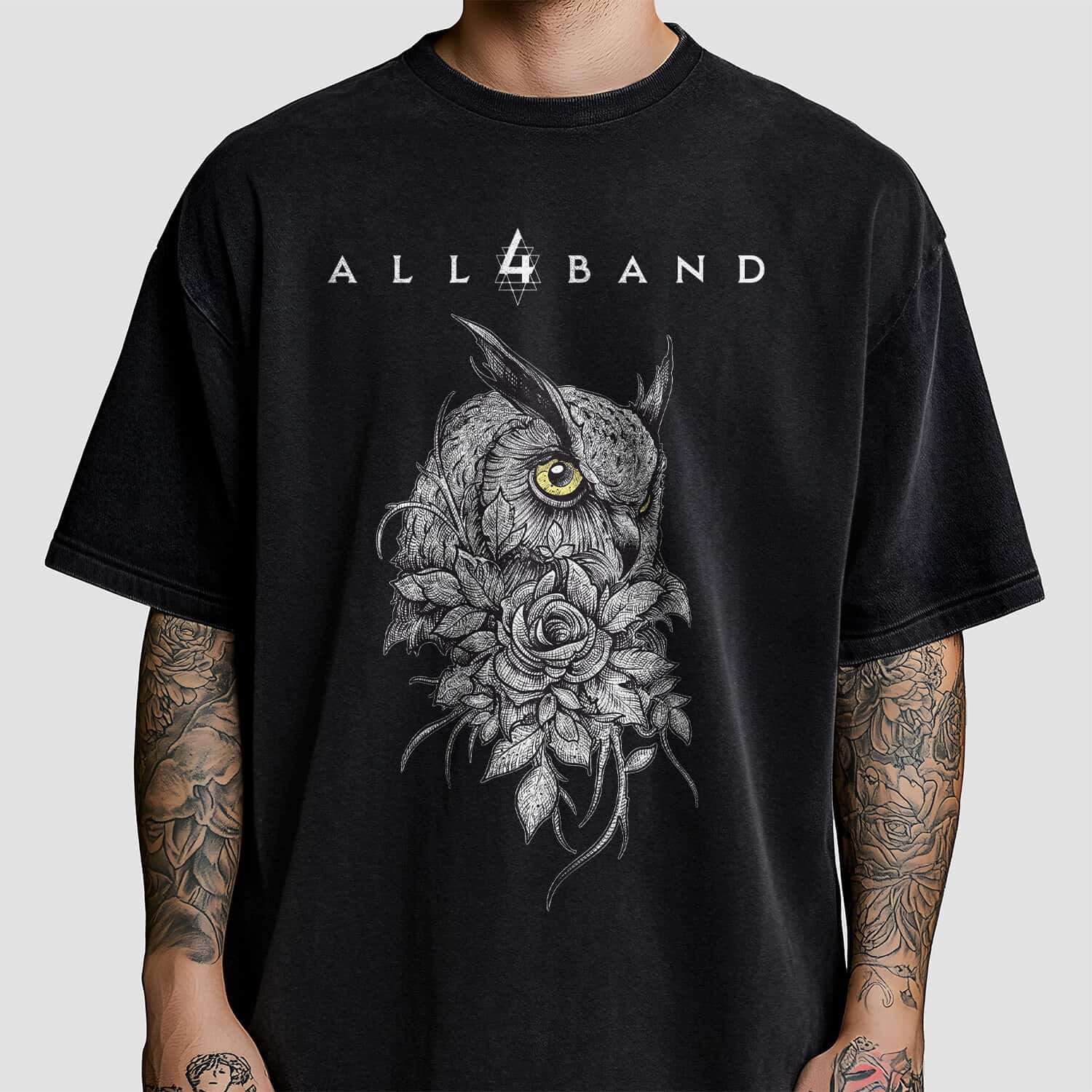Band shirt design featuring a beautiful owl and a rose surrounded by leaves