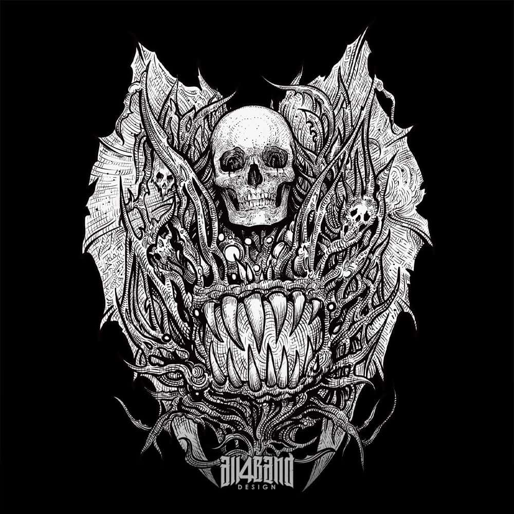 Death metal artwork featuring a surreal creepy monster with human skulls and a fanged mouth
