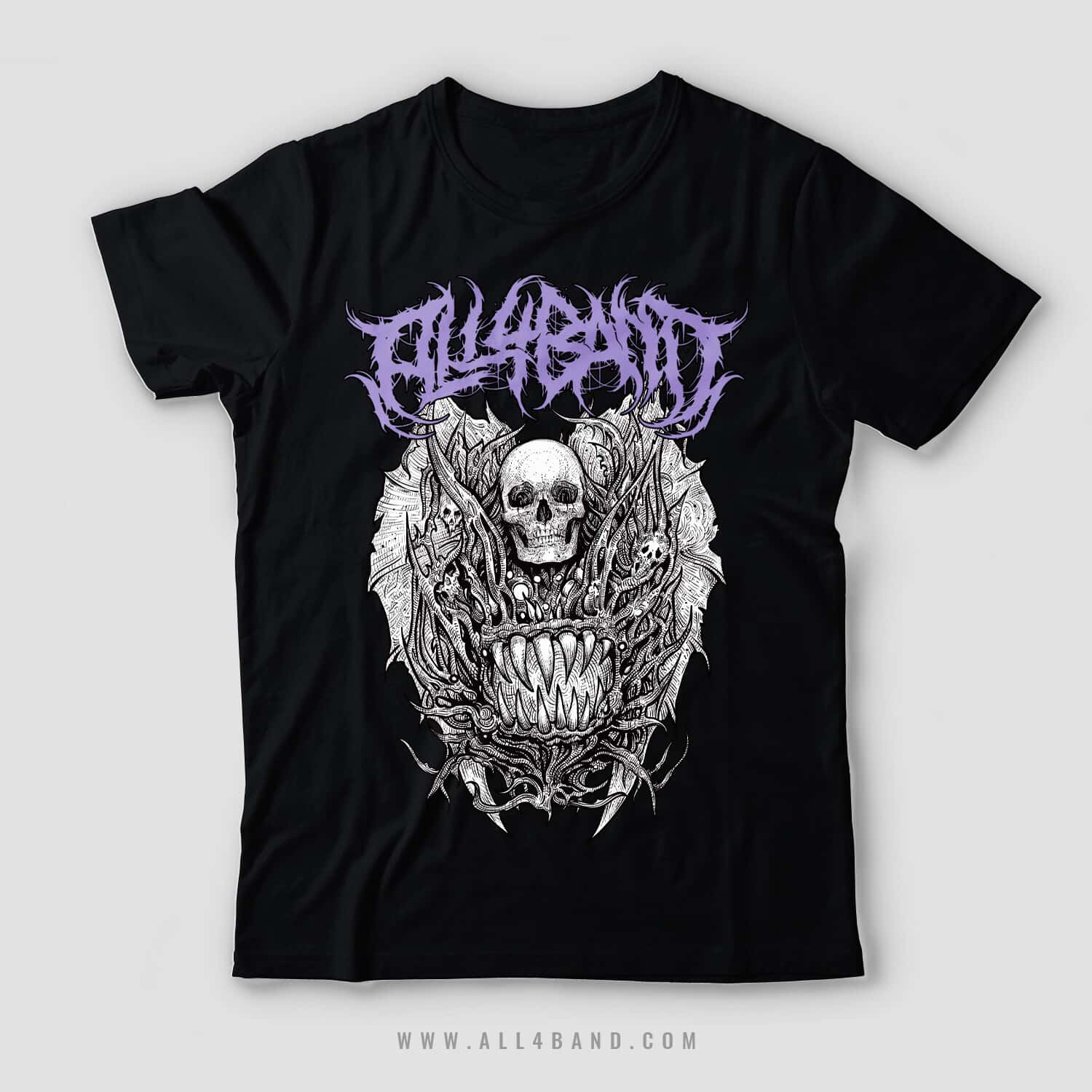 Death metal shirt design featuring a surreal creepy monster with human skulls and a fanged mouth
