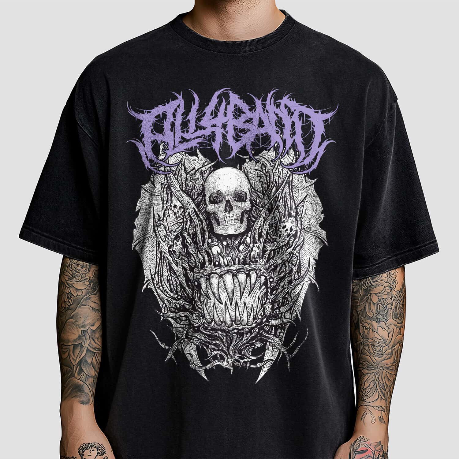 Death metal shirt design featuring a surreal creepy monster with human skulls and a fanged mouth